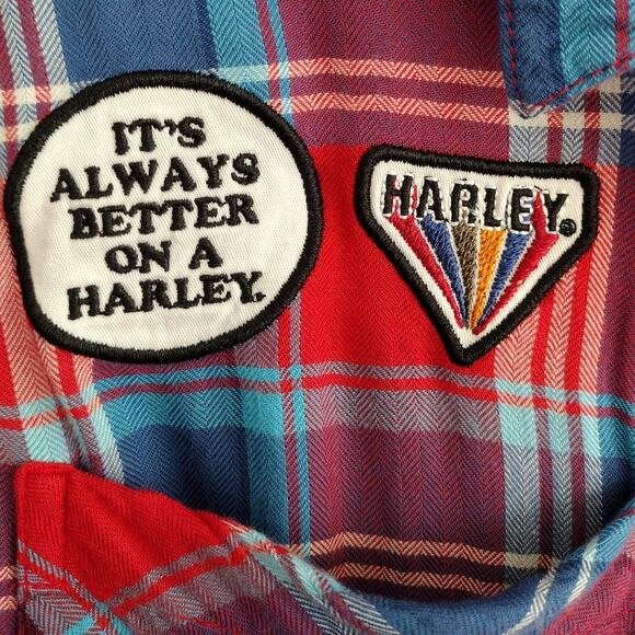 Harley Davidson Red White Blue Plaid Patch/Embroidered Short Slv ButtonUp Top 2X - Picture 3 of 12